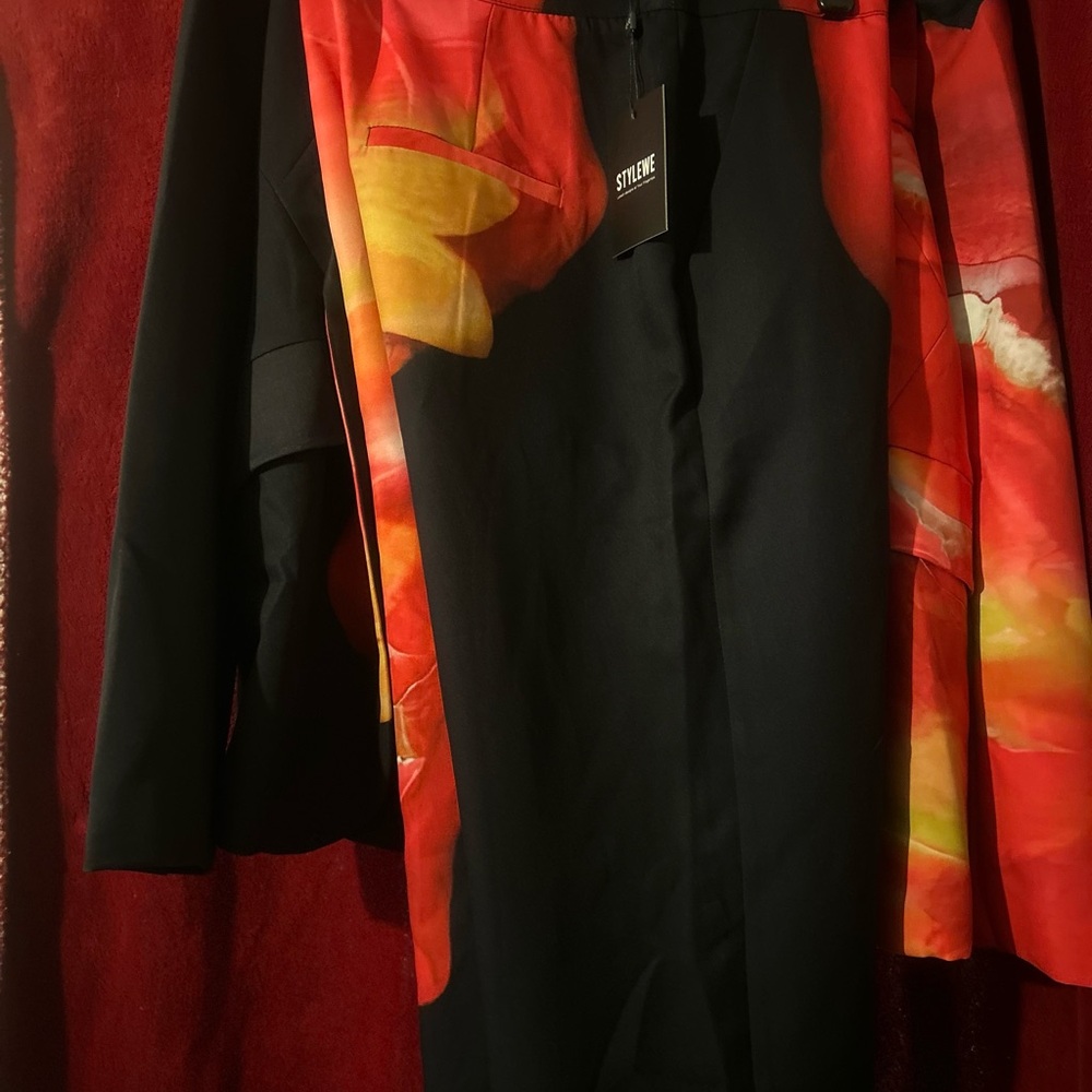 Stylewe Black Jacket and pant with Red and Yellow Floral Design